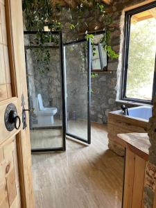 费特希耶19th Century Neo-Modern KABAK VALLEY STONE HOUSE的浴室设有玻璃淋浴间和卫生间