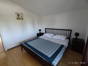 斯桑Apartment Zelena oaza Sisan 75 m2 - 2 bedrooms的一间卧室配有一张带蓝色毯子的床