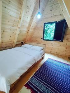 贾马里海姆森Seyridere süit bungalov的小木屋内的卧室,配有一张床和地毯