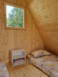 托尔明GLAMPING HOUSE ˇVITAˇ的小木屋内的房间设有两张床和一个窗户