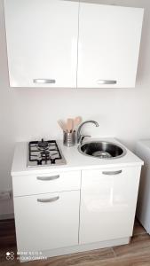 伊斯皮卡IL GUFO DELLA MARZA的白色的厨房设有水槽和炉灶。