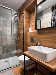 卡托维兹Green Hill Apartments Katowice的一间带水槽、淋浴和卫生间的浴室