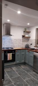 斯奇博瑞恩The Stables的厨房配有灰色橱柜和炉灶烤箱
