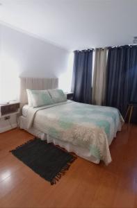 圣地亚哥阿莫布拉达斯蒙马特普罗维登公寓的一间卧室配有一张带蓝色窗帘和地毯的床