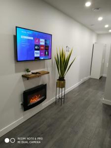 蒙特利尔Studio sous-sol Lachine 10 min de DT的客厅设有壁炉和平面电视。