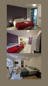 里约热内卢Suítes/Studios Privados Copacabana的卧室两张不同的图片,配有两张床