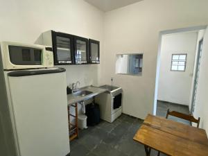 坎皮纳斯Casa 2 dorm, otima localizacao, Wi-Fi, Gar, pet的厨房配有冰箱、水槽和微波炉
