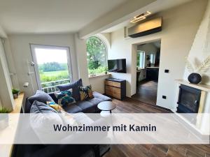 罗特Ferienhaus Rothsee-Oase ideale Ausgangslage mit tollem Ausblick, Sauna und privatem Garten的带沙发和壁炉的客厅