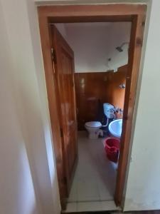 JariHigh Spirits Hostel and Cafe, Mateura的走廊通往带卫生间和水槽的浴室
