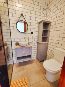 FatelaCasa Florestal - Fatela - Hobbit House , Cabins的一间带水槽、卫生间和镜子的浴室