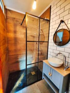 FatelaCasa Florestal - Fatela - Hobbit House , Cabins的带淋浴、水槽和镜子的浴室