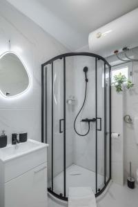 诺维萨德Old Town Rooms的带淋浴和白色盥洗盆的浴室