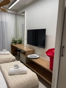 尼亚普拉加Plagia Relax Hotel的酒店客房设有电视和两张床。