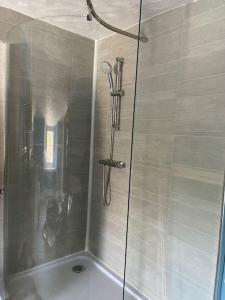 克里克豪厄尔Cosy 2 bed flat in Crickhowell的浴室里设有玻璃门淋浴