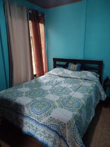 RivasJessie's Country House Rivas的蓝色的卧室,床上有被子