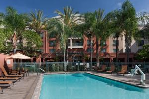 伯班克洛杉矶伯班克机场万怡酒店的一座游泳池,里面摆放着椅子和棕榈树