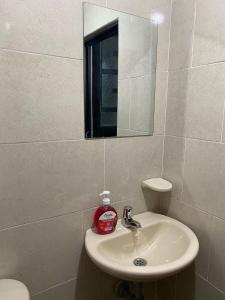 波哥大Hotel Amatista-Cerca al Aeropuerto的一间带水槽和镜子的浴室