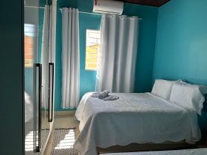 戈亚斯州上帕莱索Cantinho Santiago的蓝色的卧室设有床和窗户