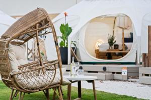 拜伦湾Ingenia Holidays Byron Bay的帐篷前的藤椅和桌子