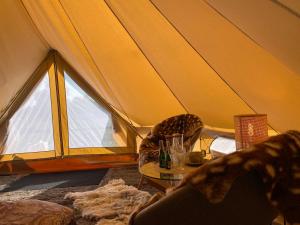 ÄhijärveKarula Stay Romantic and Luxurious Glämping in Karula National Park的帐篷内配有桌椅