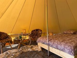 ÄhijärveA Romantic & Luxurious stay in the nature of Karula National Park.的帐篷内的房间,配有一张床和两把椅子