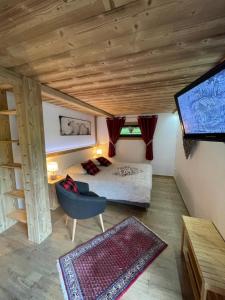 克松吕-隆日梅Gite de Montagne "Calluna" 1 ou 2 pers的一间卧室配有一张床,并在一间客房内配有电视。