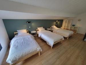 安德诺莱斯贝恩Les Cabanes de l'Airial Dune的一间卧室设有三张床和绿色的墙壁