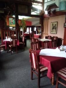 弗尔尼亚奇卡矿泉镇Malgo的一间带桌椅和红色桌布的用餐室