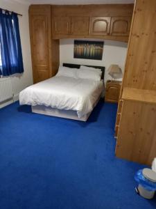 Streatham ValeSandra的一间卧室配有一张床,铺有蓝色地毯