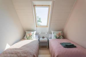 阿灵厄Sjælegård Countryside Lodge的小型客房 - 带2张床和窗户