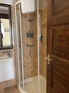 扎马迪Villa Sagan的浴室里设有玻璃门淋浴
