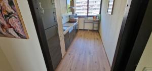 科隆City Apartment Cologne-Weiden的走廊通往铺有木地板的厨房