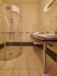 波尔蒂乔Hotel & Appartements Acqua Dolce的带淋浴和盥洗盆的浴室
