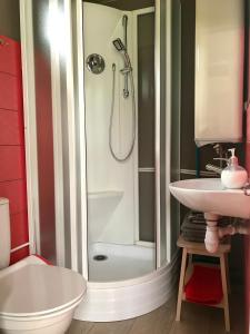 尤尔马拉Beltes Guest House的带淋浴和盥洗盆的浴室