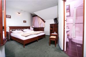 布拉索夫老布拉索夫酒店的一间卧室配有一张床和一个水槽和一个浴缸