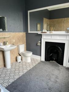 邓弗里斯Glenaldor House B&B的一间带卫生间、水槽和壁炉的浴室