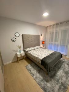 林克勒斯Apartamentos modernos Residencial el Pinar的一间卧室配有一张大床和地毯。