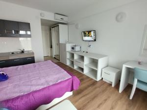 道泽兹西特里奥格Blaxy Resort STEFI的一间卧室配有一张紫色的床和一张书桌