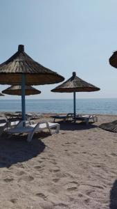道泽兹西特里奥格Blaxy Resort STEFI的海滩上的一把遮阳伞和椅子