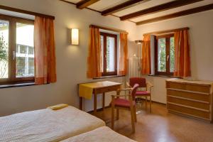 阿斯科纳Parkhotel Emmaus - Casa Rustico的一间卧室配有两张床、一张桌子和一张桌子