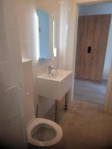 欧本Aparthouse Haas41的白色的浴室设有水槽和卫生间。