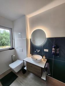 PouchFerienwohnung am Goitzschesee的一间带水槽、卫生间和镜子的浴室