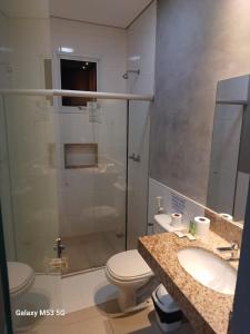 皮乌米Ribs Hotel的带淋浴、卫生间和盥洗盆的浴室