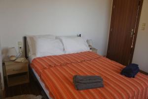 AmigdhalokeFálionRosales stone house的一间卧室配有一张带橙色毯子的床