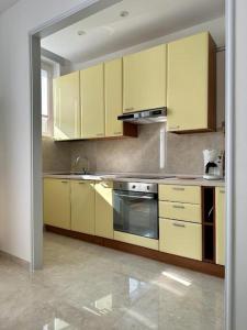 拉韦诺Il Blu di Laveno的厨房配有黄色橱柜和炉灶烤箱