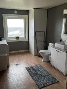 Ytre KibergBarents sea window的一间带卫生间、水槽和窗户的浴室