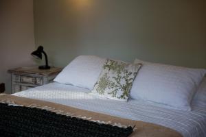 乌拉圭河畔康塞普西翁Estancia La Titina, Posada y Reserva Natural的一张带两个枕头的床和一张桌子上的台灯