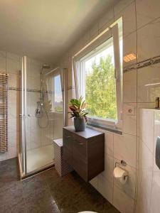 朗斯多夫Pool Sauna Entspannung的带淋浴和盆栽的浴室