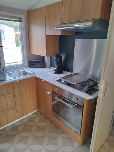 塞里尼昂Mobil home 6/8personnes的小厨房配有炉灶和水槽