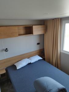 塞里尼昂Mobil home 6/8personnes的一间卧室设有蓝色的床和窗户。